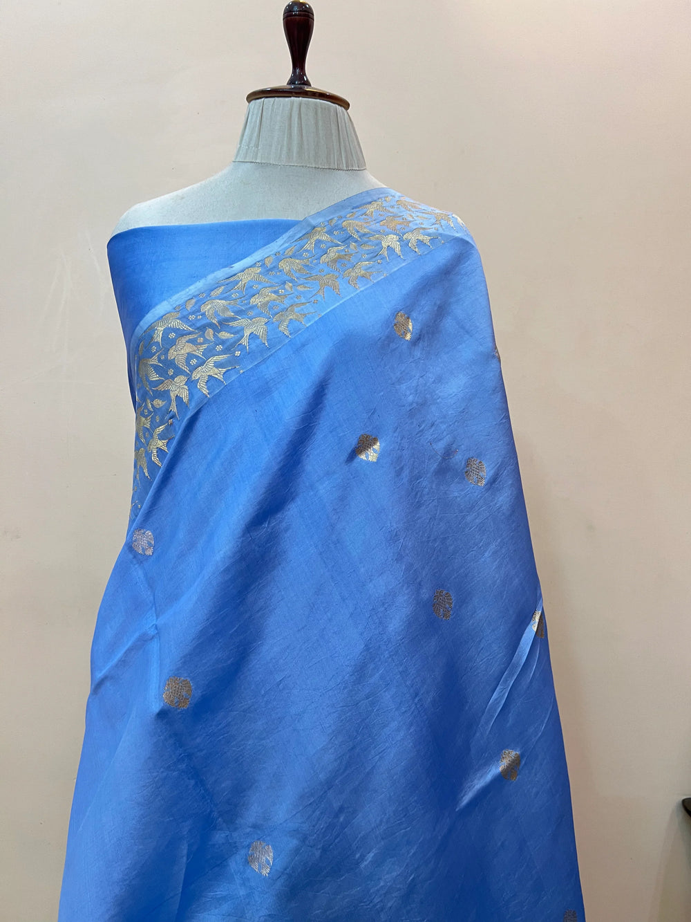 Blue Pure Silk Handloom Banarasi Saree with Kadhwa Butis & Bird Border