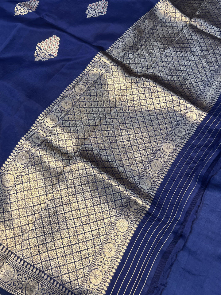 Navy Blue Pure Banarasi Handloom Silk Saree - Aura Benaras