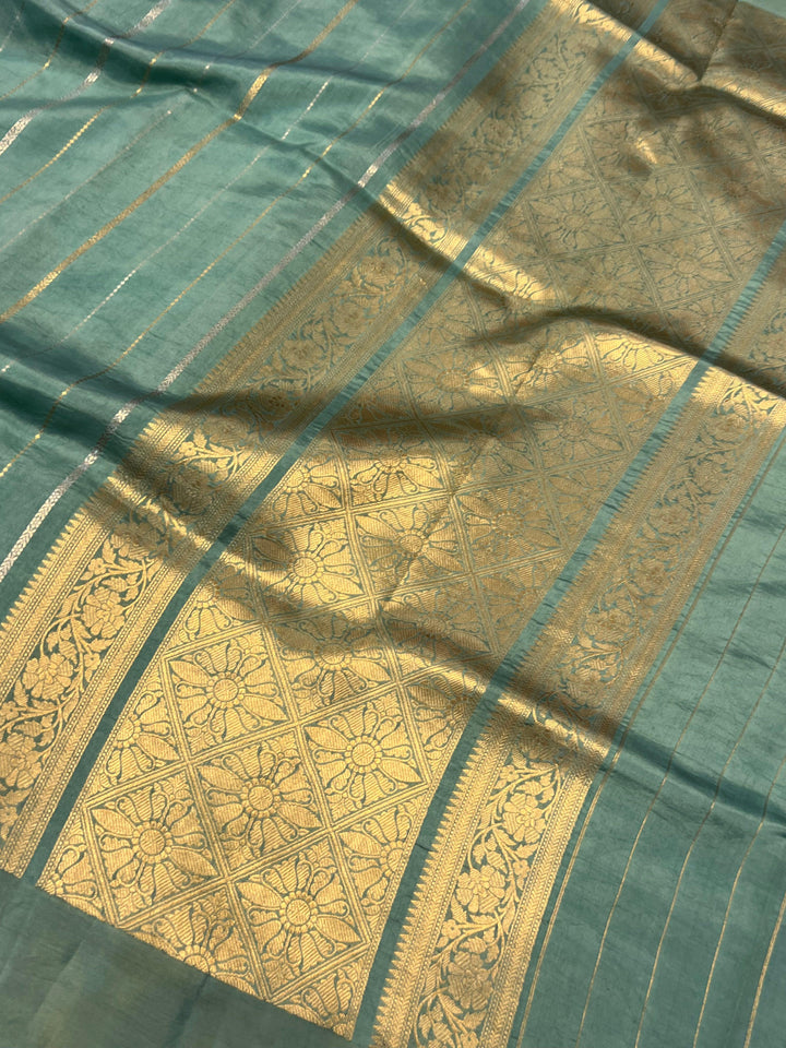Greyish Green Pure Banarasi Handloom Silk Saree - Aura Benaras