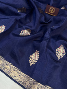 Navy Blue Pure Banarasi Handloom Silk Saree - Aura Benaras