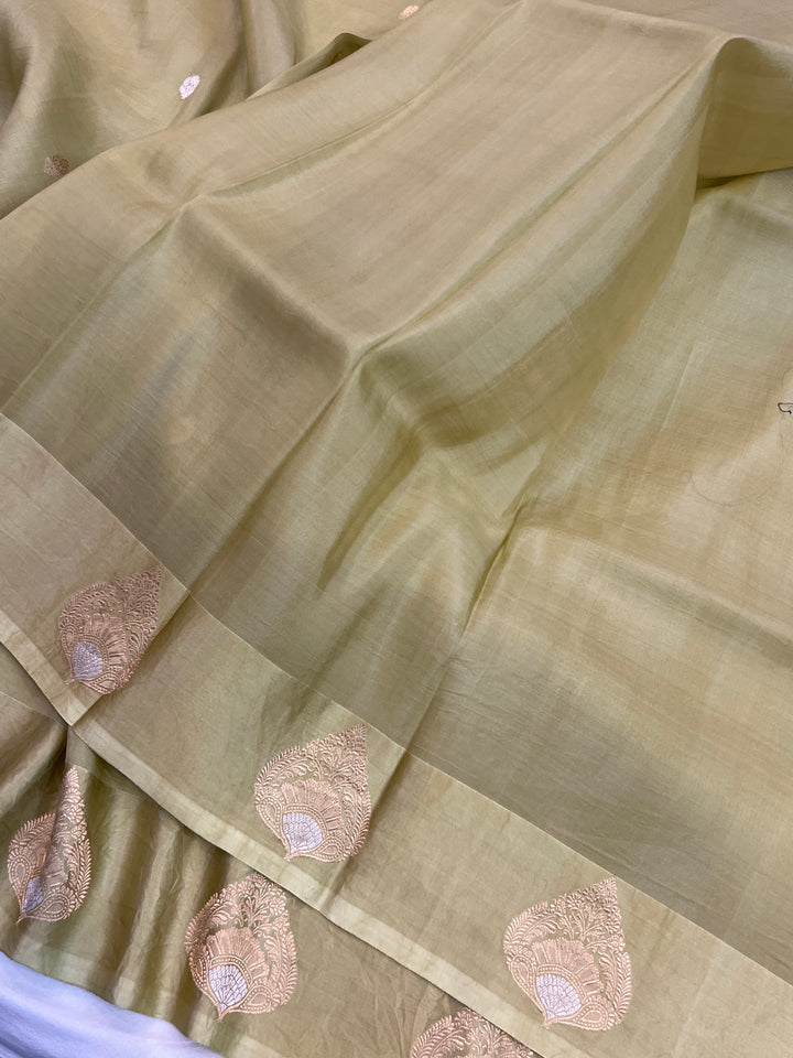 Pastel Olive Green Pure Katan Organza Silk Handloom Banarasi Saree
