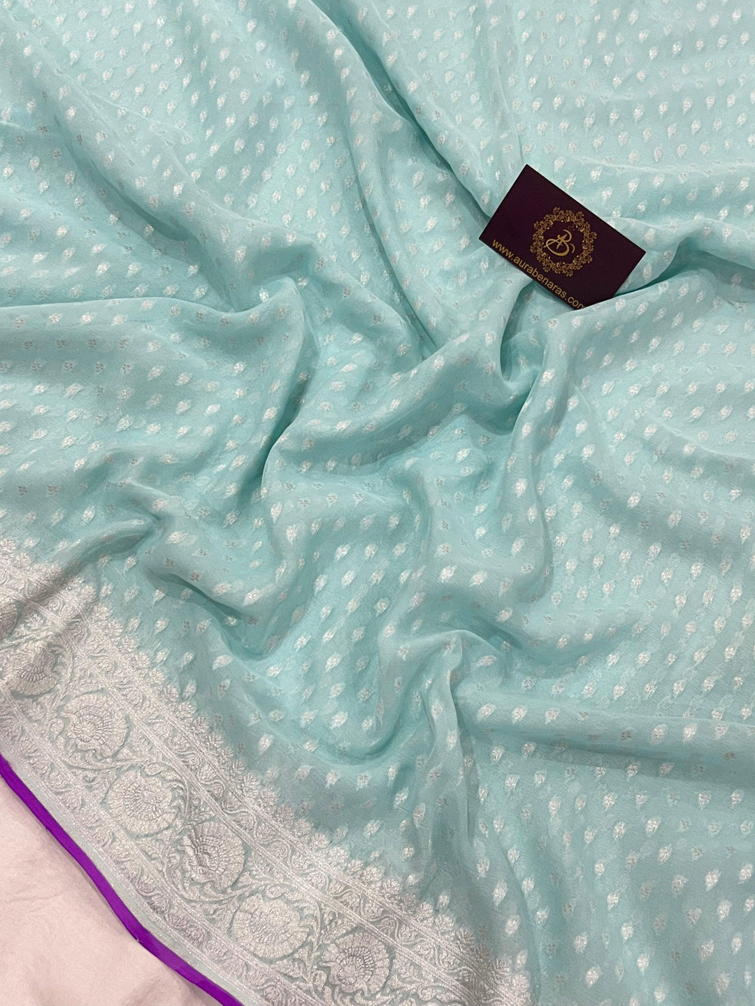 Pale Blue Banarasi Handloom Pure Khaddi Georgette Saree - Aura Benaras