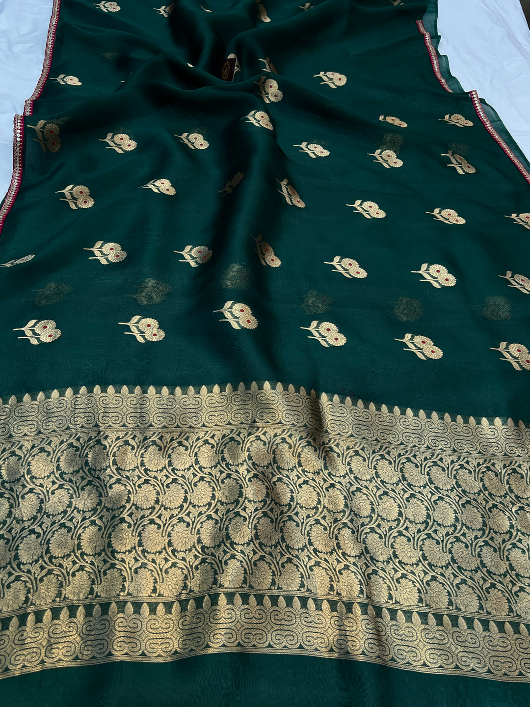 Bottle Green Pure Kora Silk Handloom Banarasi Saree