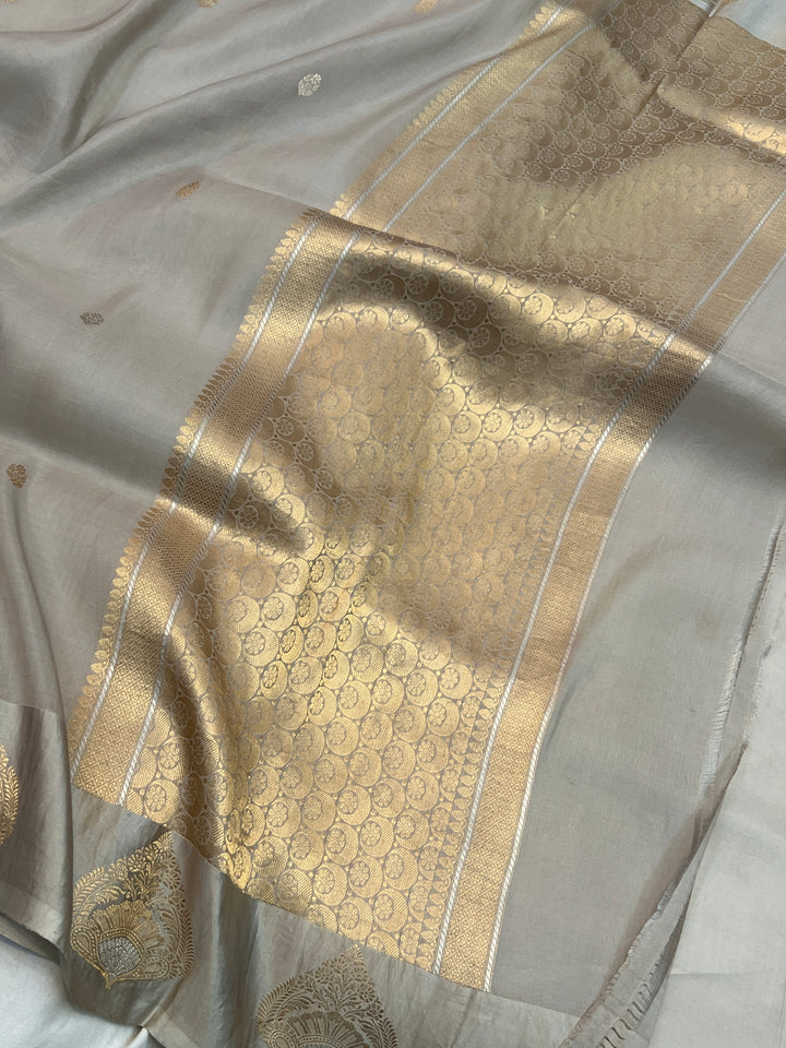Grey Pure Katan Organza Silk Handloom Banarasi Saree