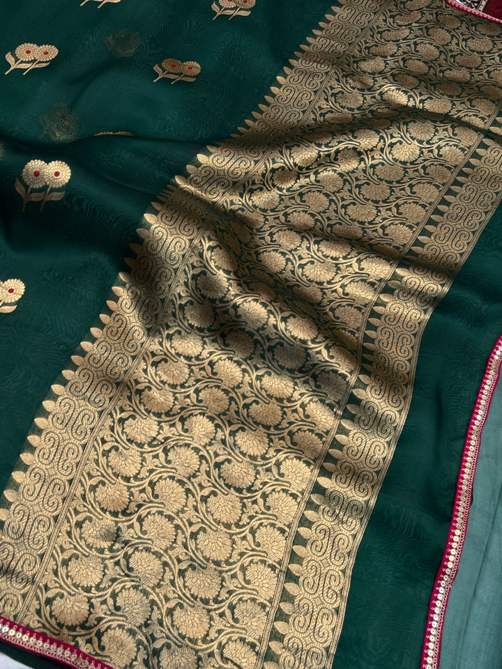 Bottle Green Pure Kora Silk Handloom Banarasi Saree