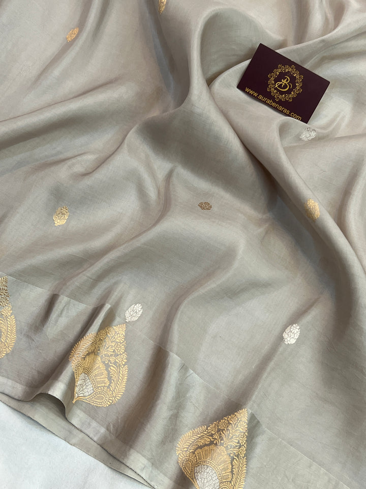 Grey Pure Katan Organza Silk Handloom Banarasi Saree