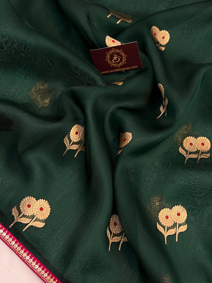 Bottle Green Pure Kora Silk Handloom Banarasi Saree