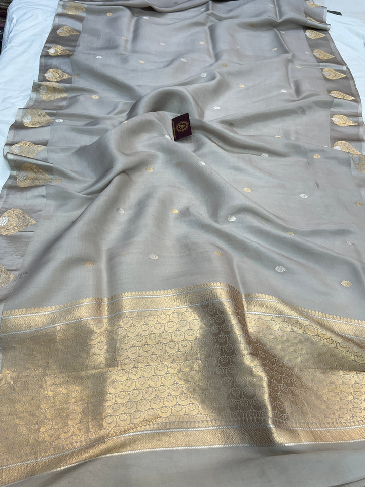 Grey Pure Katan Organza Silk Handloom Banarasi Saree