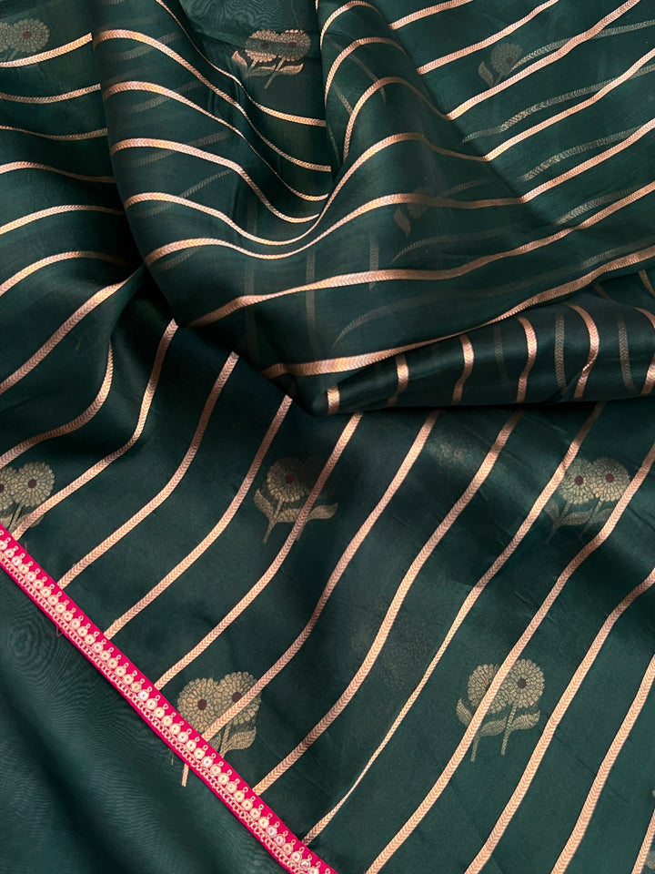 Bottle Green Pure Kora Silk Handloom Banarasi Saree