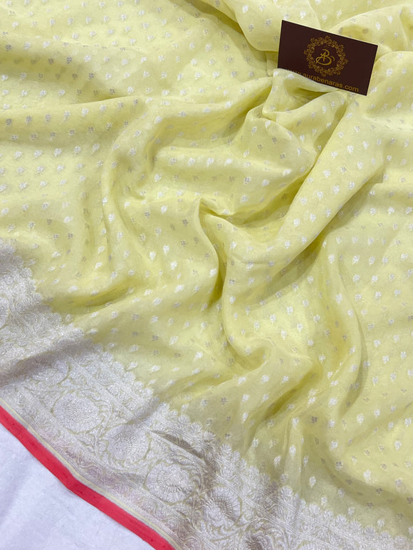 Pastel Yellow Banarasi Handloom Pure Khaddi Georgette Saree - Aura Benaras