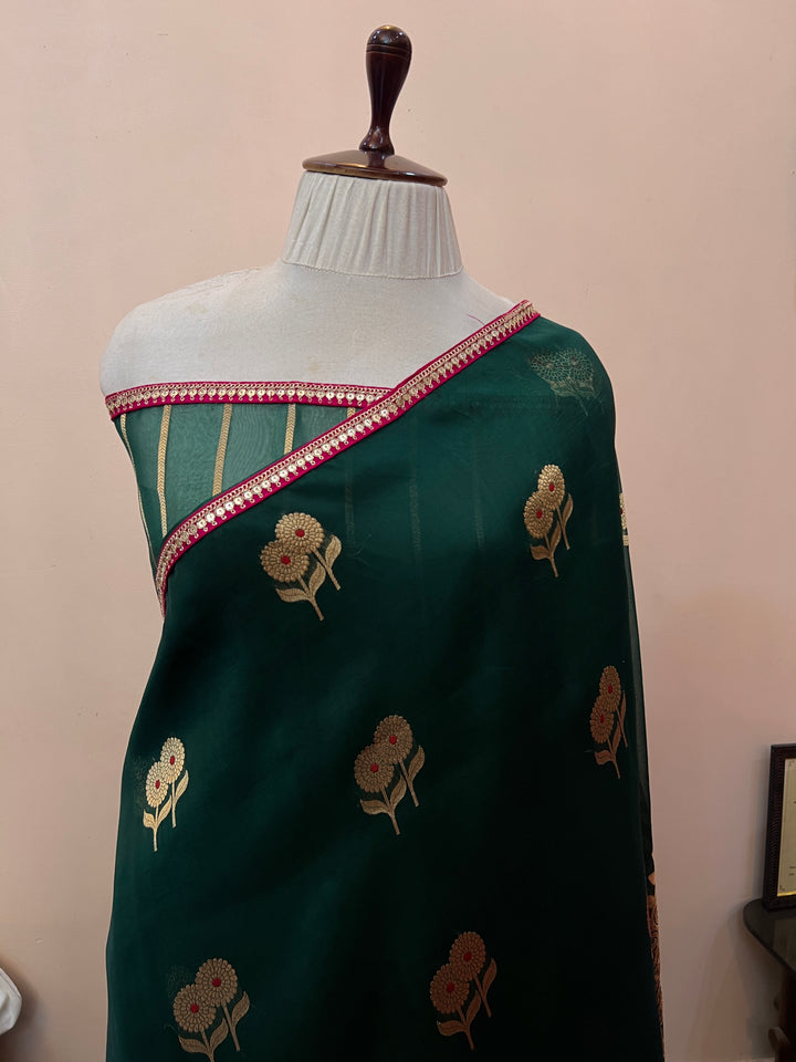 Bottle Green Pure Kora Silk Handloom Banarasi Saree