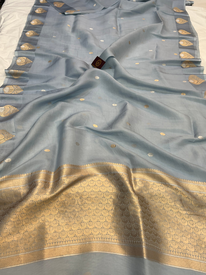 Pastel Sky Blue Pure Katan Organza Silk Handloom Banarasi Saree