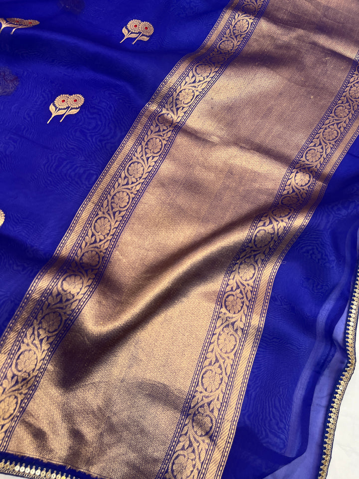 Royal Blue Pure Kora Silk Handloom Banarasi Saree