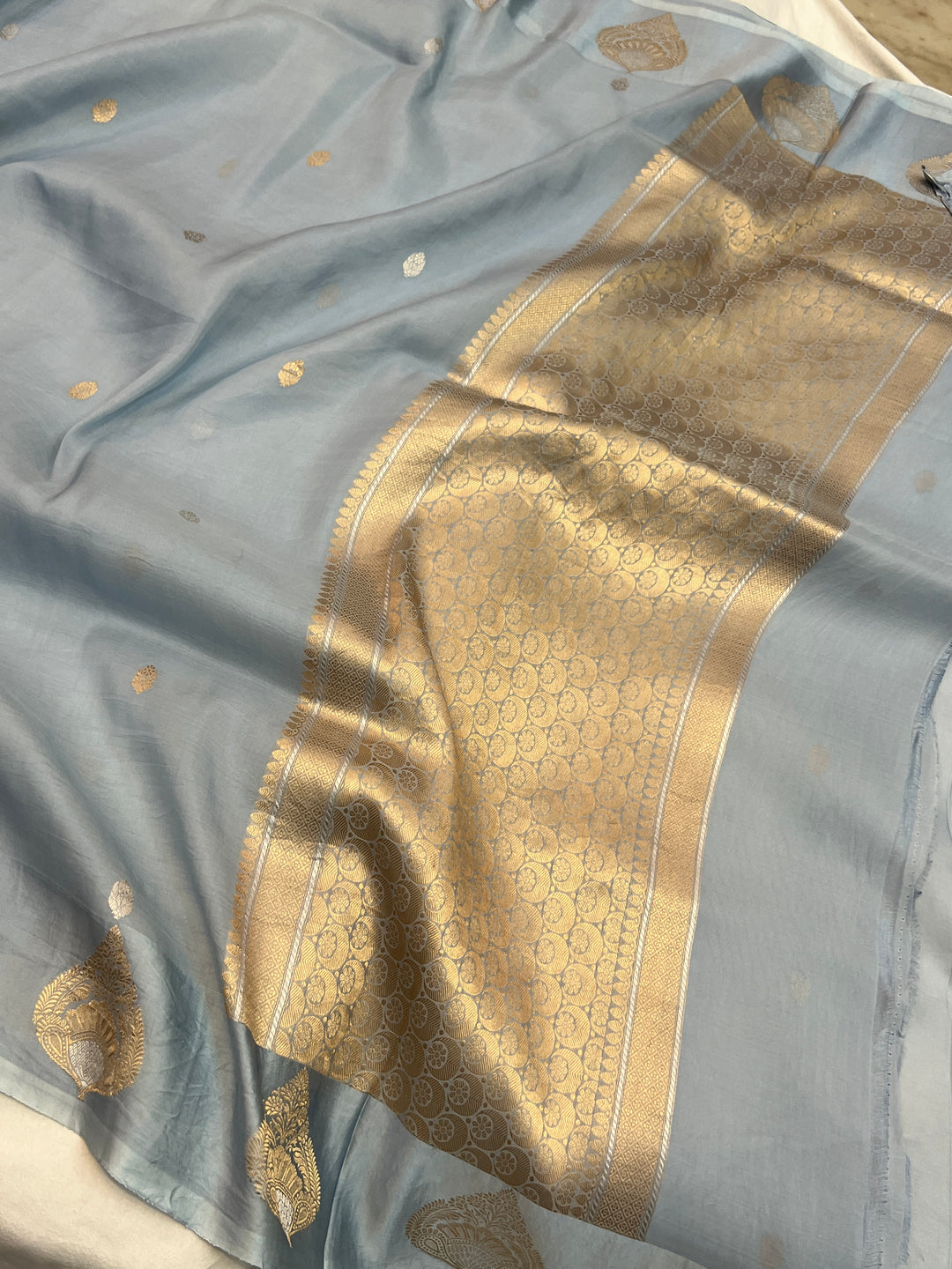 Pastel Sky Blue Pure Katan Organza Silk Handloom Banarasi Saree