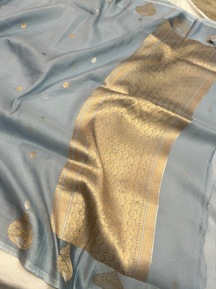 Pastel Sky Blue Pure Katan Organza Silk Handloom Banarasi Saree