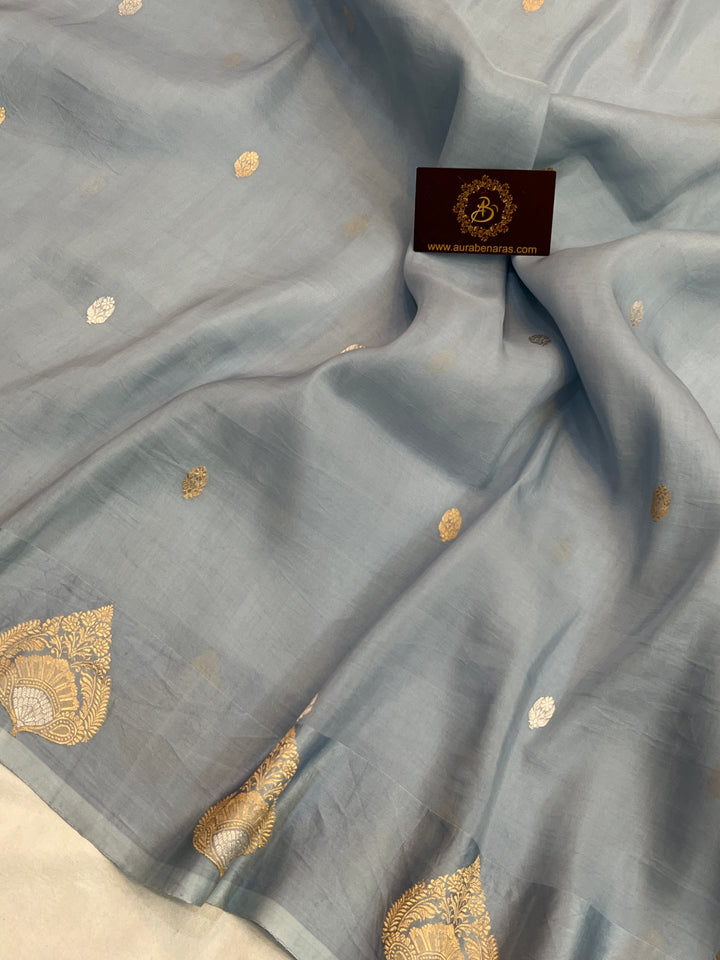Pastel Sky Blue Pure Katan Organza Silk Handloom Banarasi Saree