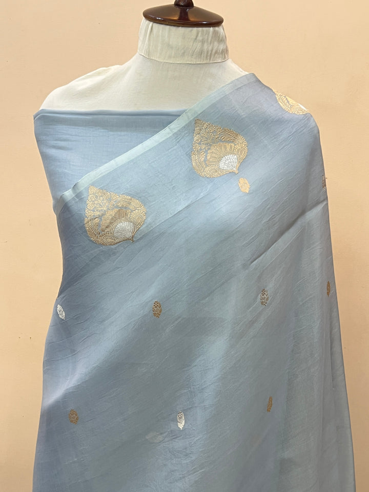 Pastel Sky Blue Pure Katan Organza Silk Handloom Banarasi Saree