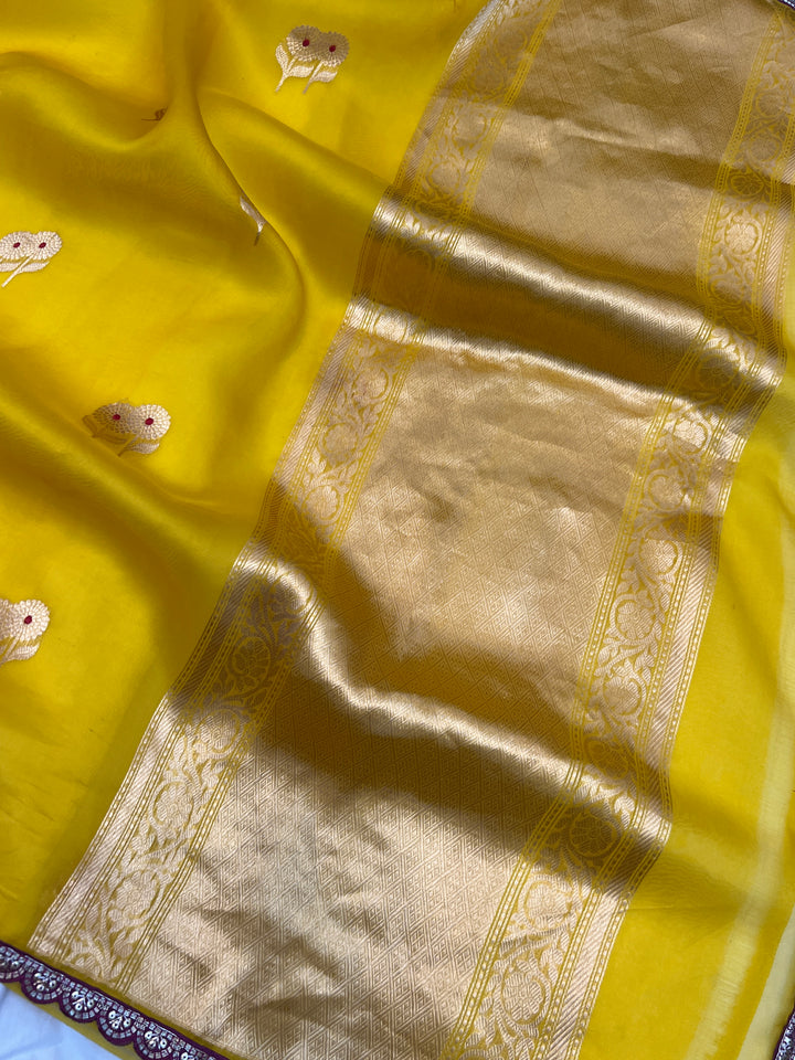 Yellow Pure Kora Silk Handloom Banarasi Saree
