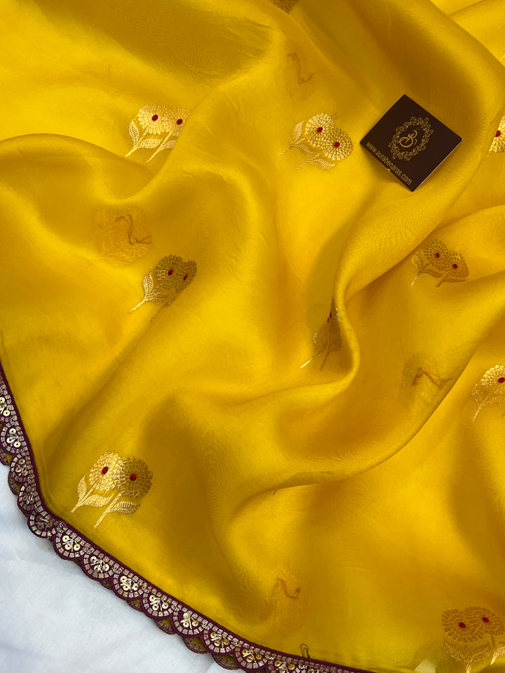 Yellow Pure Kora Silk Handloom Banarasi Saree