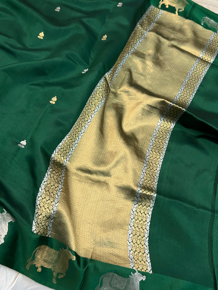 Bottle Green Pure Katan Silk Banarasi Handloom Saree