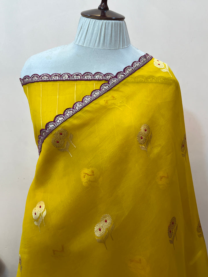 Yellow Pure Kora Silk Handloom Banarasi Saree