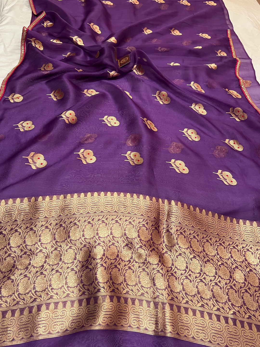 Purple Pure Kora Silk Handloom Banarasi Saree
