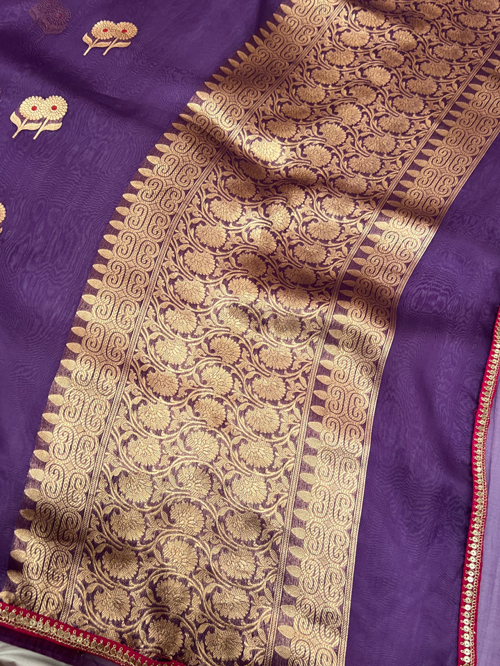 Purple Pure Kora Silk Handloom Banarasi Saree