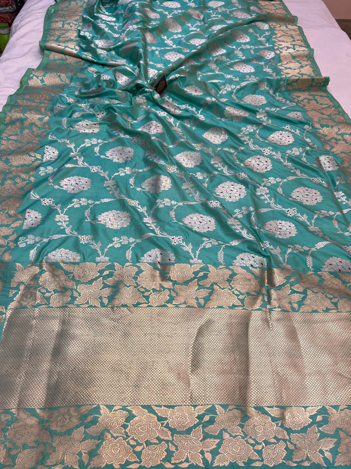Sea Green Pure Katan Silk Banarasi Saree with Kadhwa Jaal Design