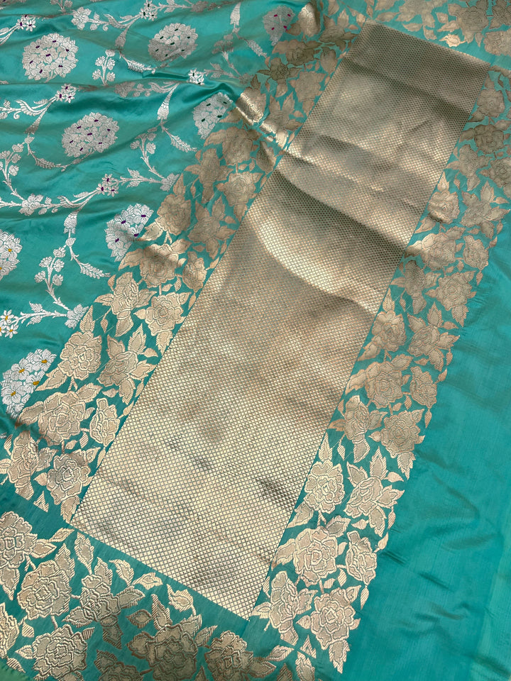 Sea Green Pure Katan Silk Banarasi Saree with Kadhwa Jaal Design