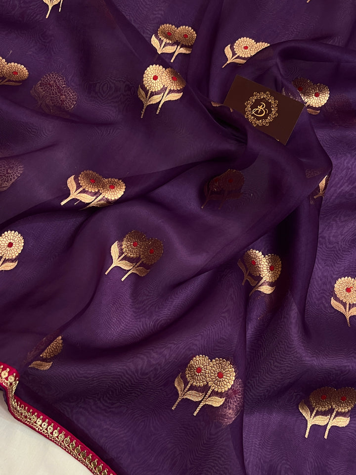 Purple Pure Kora Silk Handloom Banarasi Saree