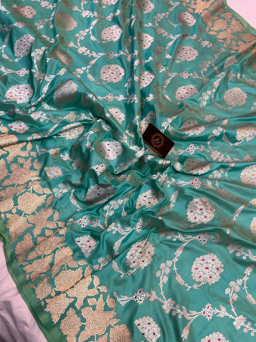 Sea Green Pure Katan Silk Banarasi Saree with Kadhwa Jaal Design