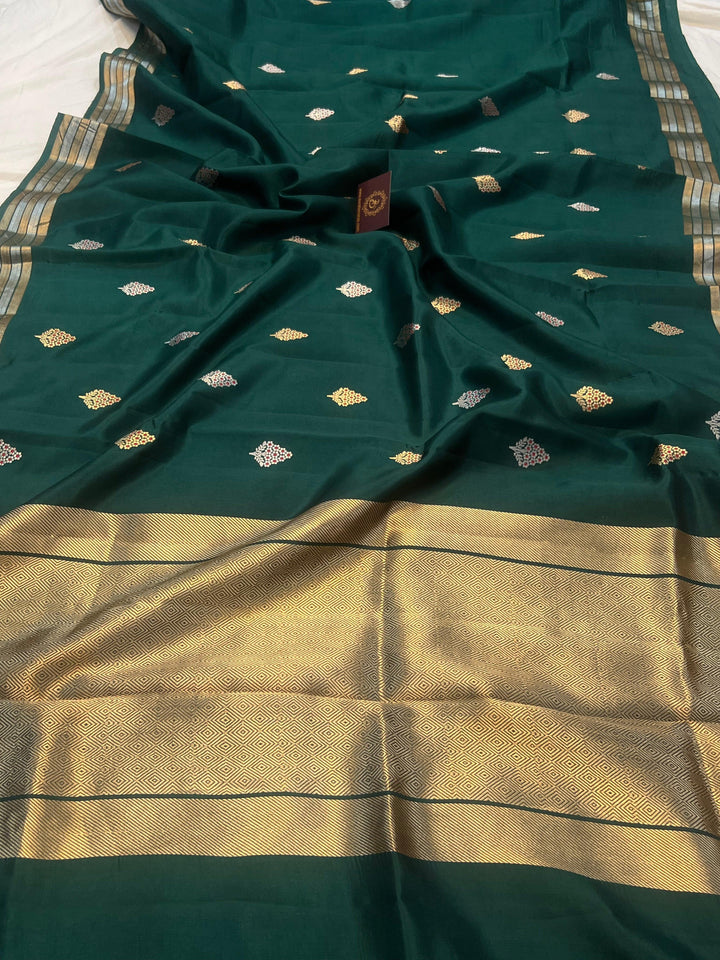 Bottle Green Pure Banarasi Handloom Silk Saree - Aura Benaras