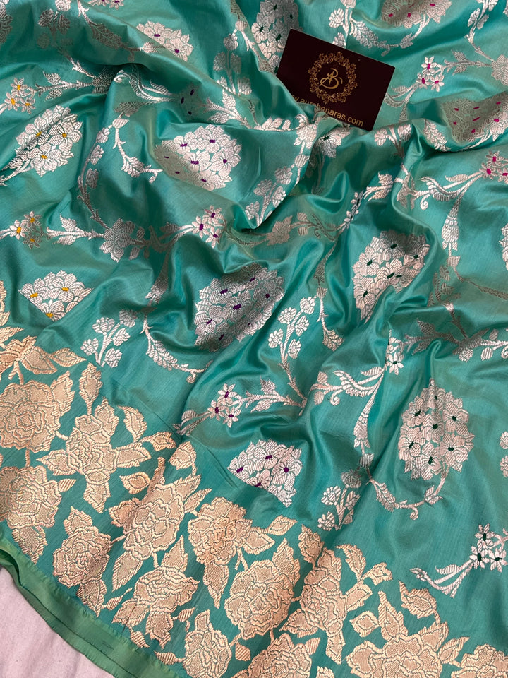 Sea Green Pure Katan Silk Banarasi Saree with Kadhwa Jaal Design
