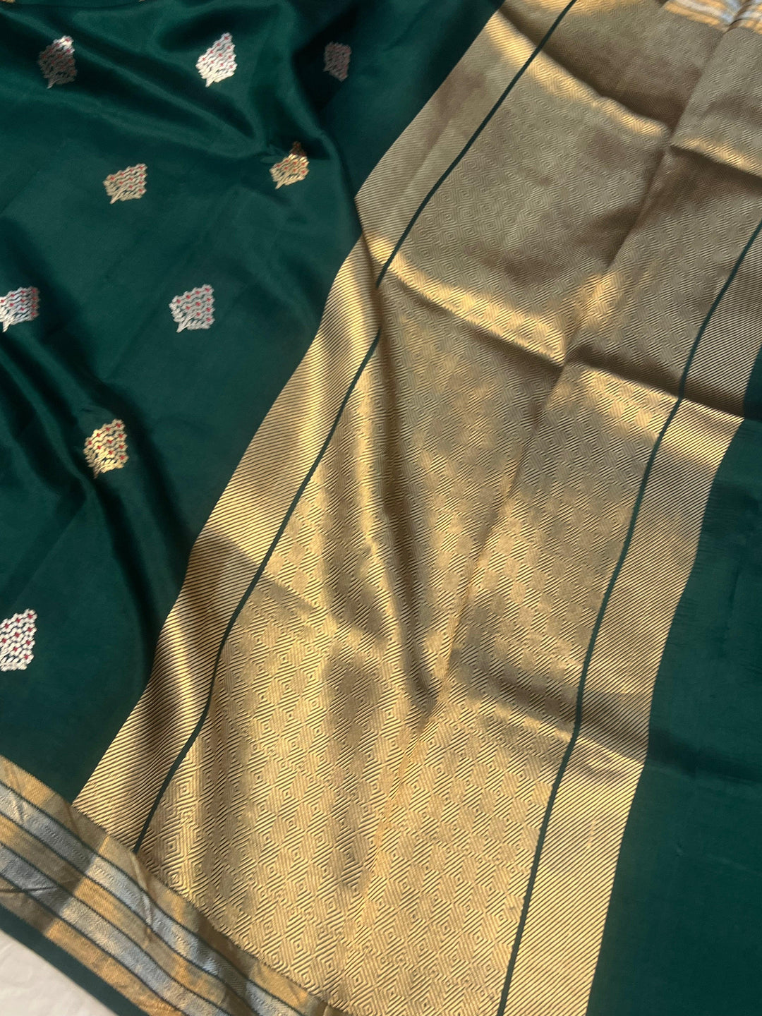 Bottle Green Pure Banarasi Handloom Silk Saree - Aura Benaras
