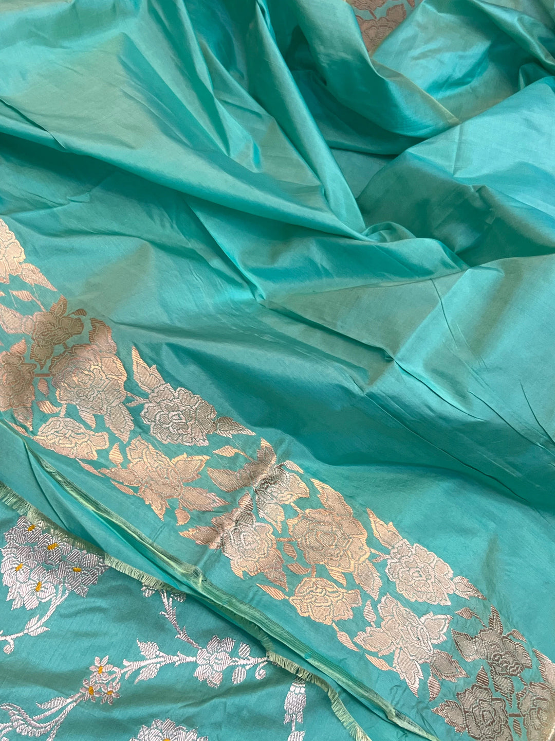Sea Green Pure Katan Silk Banarasi Saree with Kadhwa Jaal Design