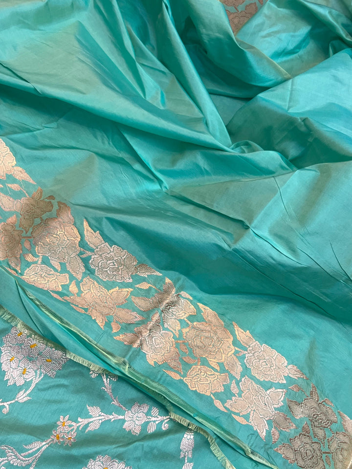 Sea Green Pure Katan Silk Banarasi Saree with Kadhwa Jaal Design