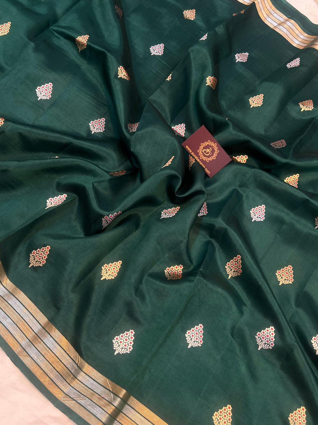 Bottle Green Pure Banarasi Handloom Silk Saree - Aura Benaras