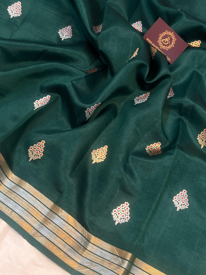 Bottle Green Pure Banarasi Handloom Silk Saree - Aura Benaras