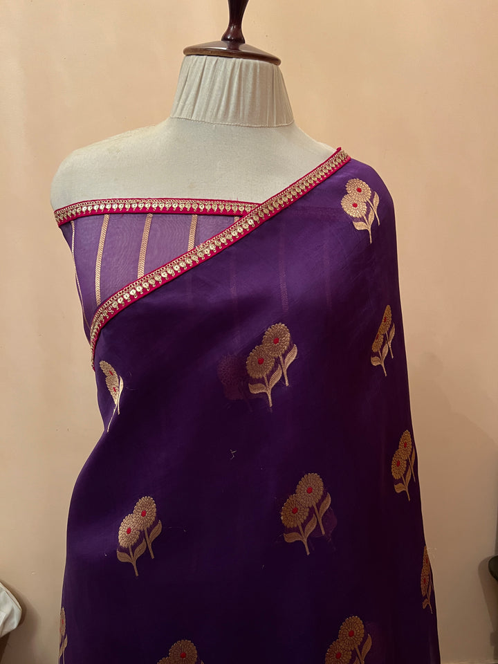 Purple Pure Kora Silk Handloom Banarasi Saree
