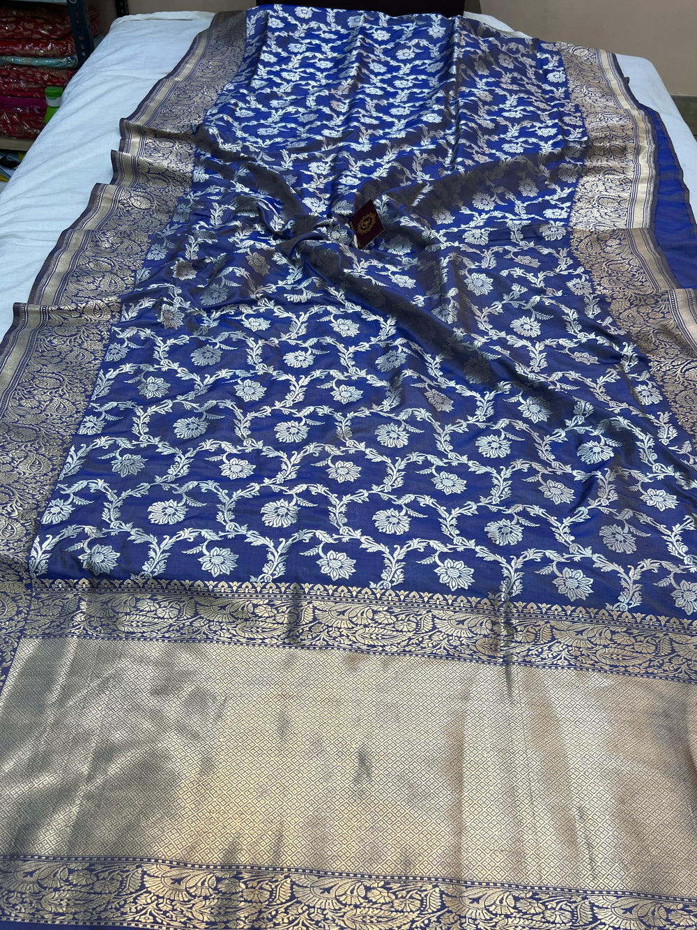 Blue Pure Katan Silk Banarasi Saree with Kadhwa Jaal Floral Design