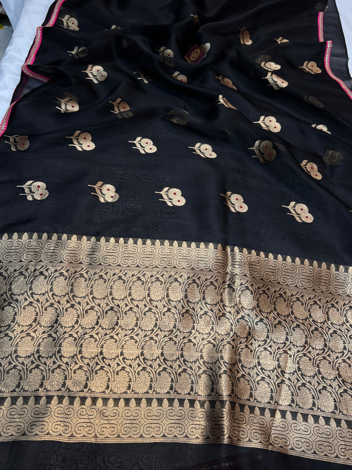Black Pure Kora Silk Handloom Banarasi Saree