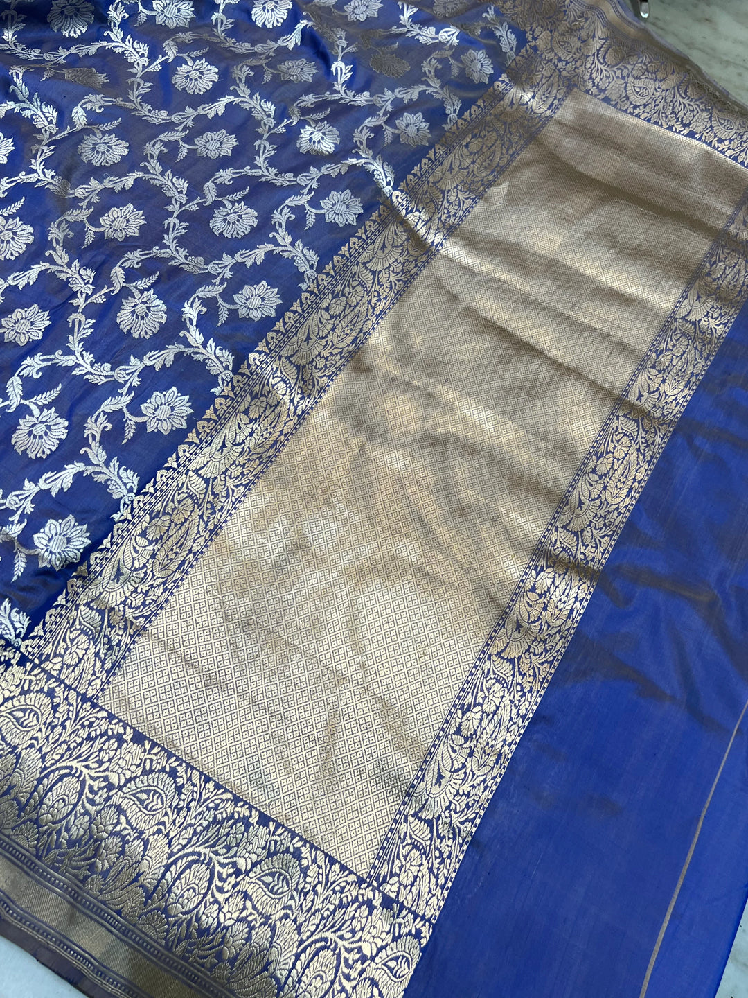 Blue Pure Katan Silk Banarasi Saree with Kadhwa Jaal Floral Design