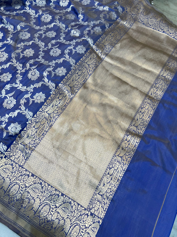 Blue Pure Katan Silk Banarasi Saree with Kadhwa Jaal Floral Design