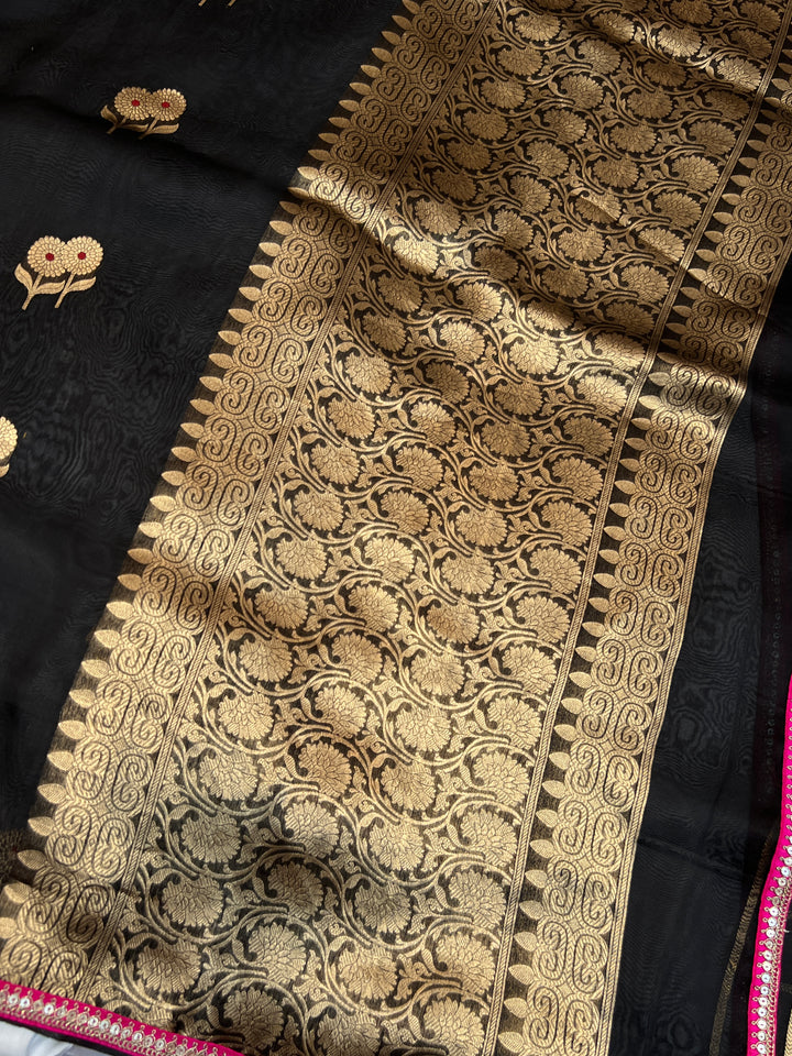 Black Pure Kora Silk Handloom Banarasi Saree