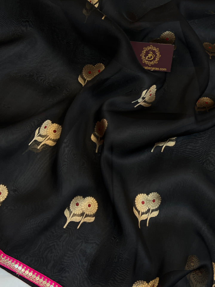 Black Pure Kora Silk Handloom Banarasi Saree