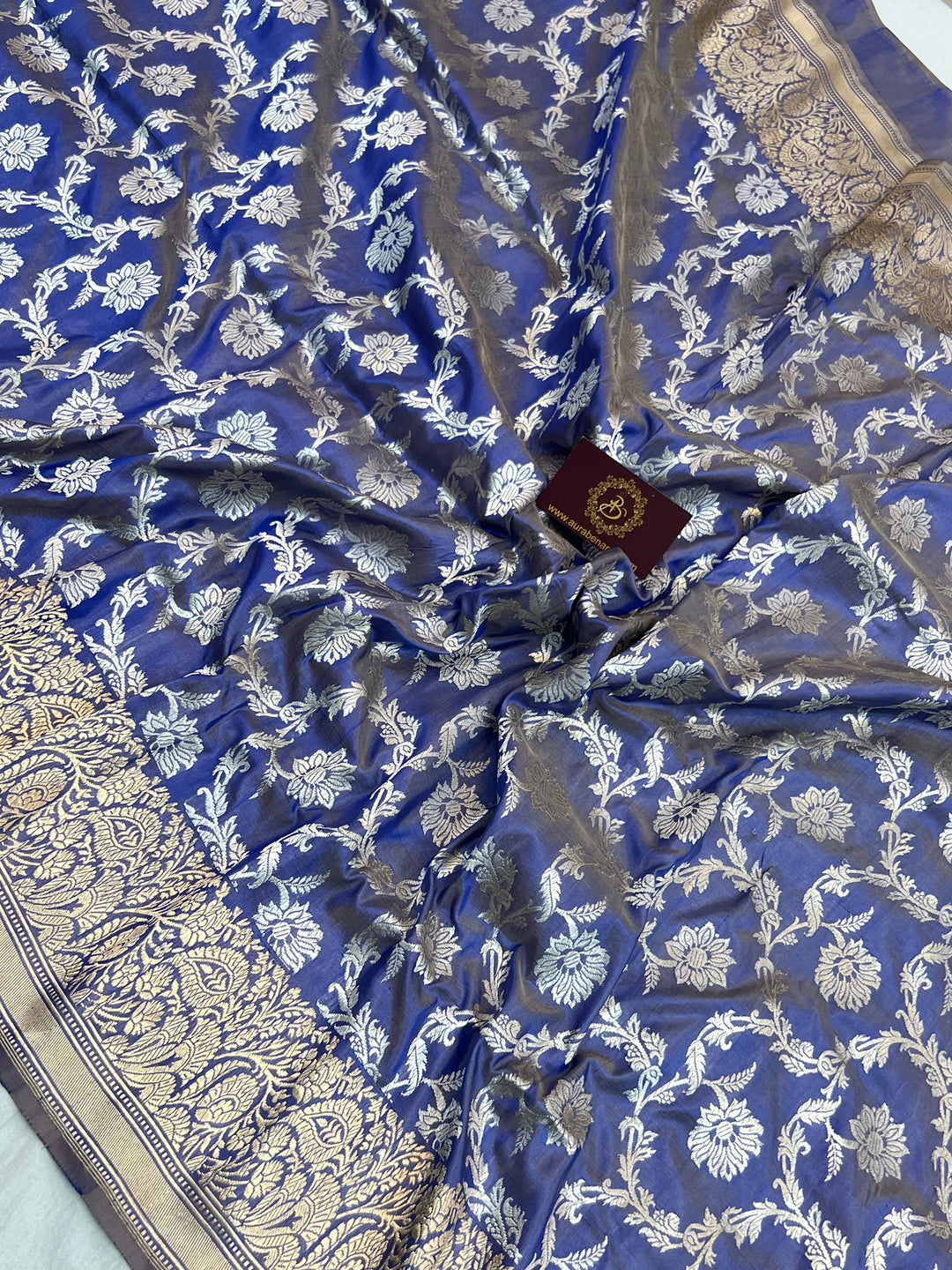 Blue Pure Katan Silk Banarasi Saree with Kadhwa Jaal Floral Design