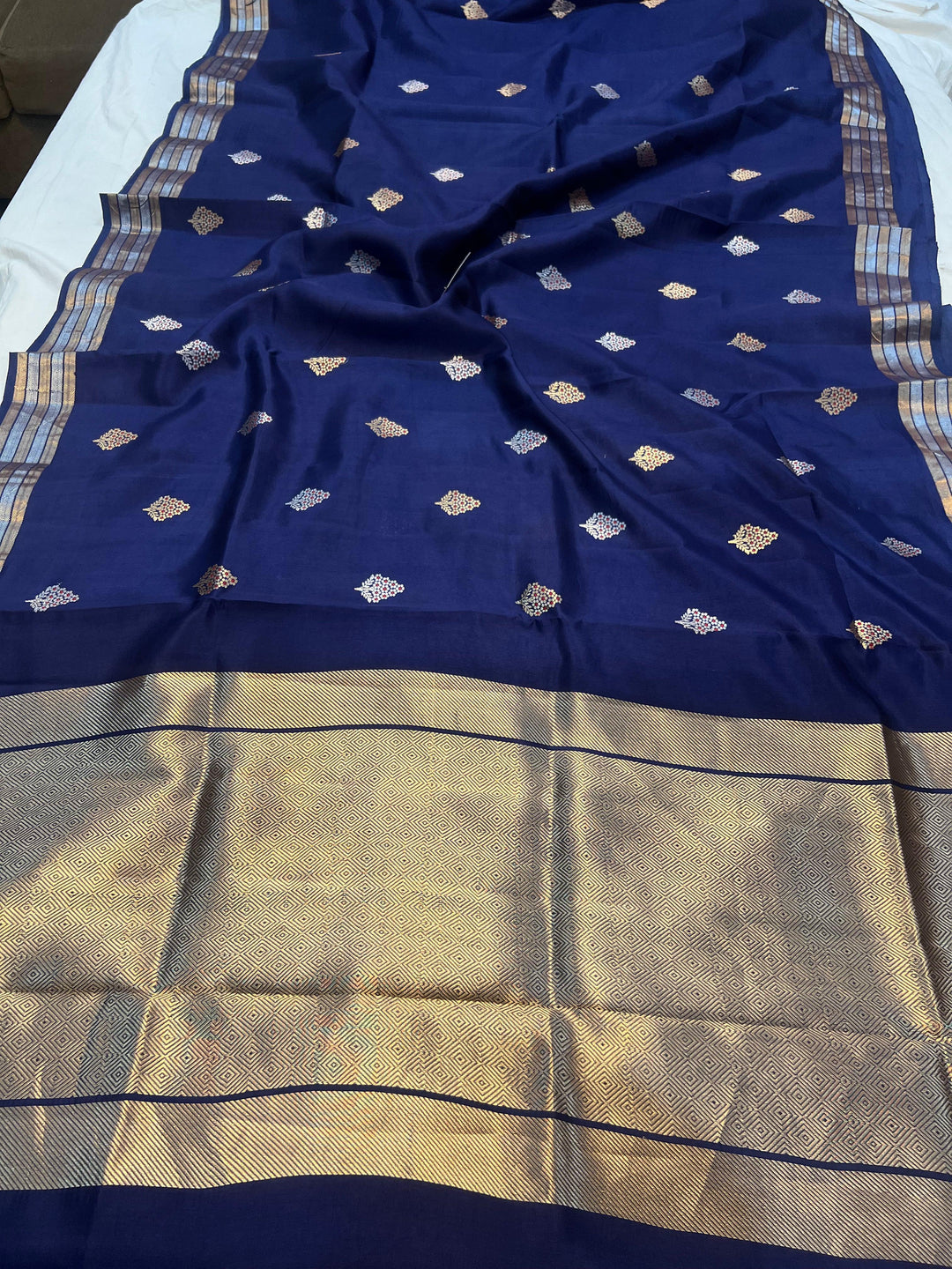 Navy Blue Pure Banarasi Handloom Silk Saree - Aura Benaras