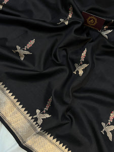 Black Pure Banarasi Handloom Silk Saree - Aura Benaras