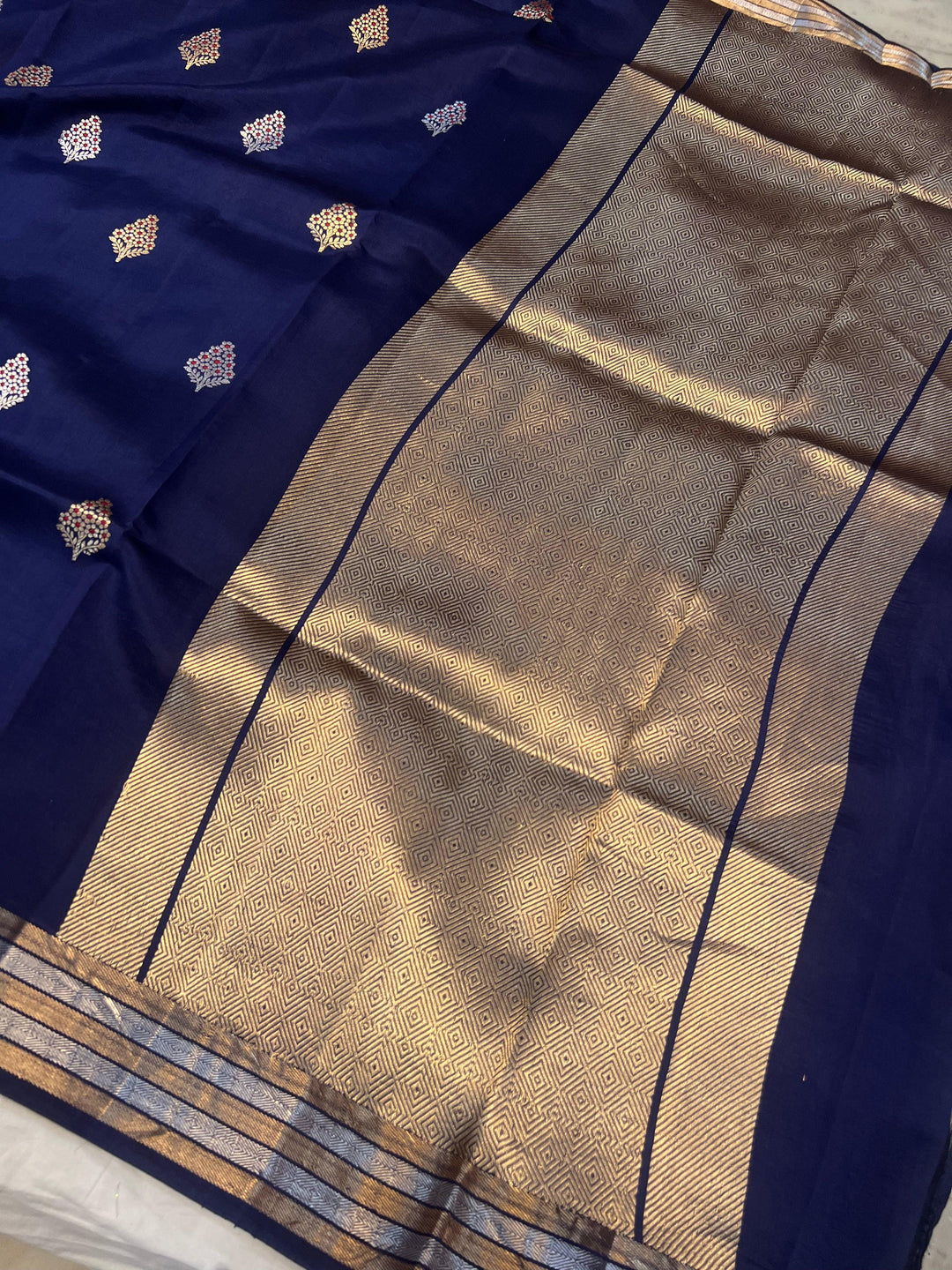 Navy Blue Pure Banarasi Handloom Silk Saree - Aura Benaras