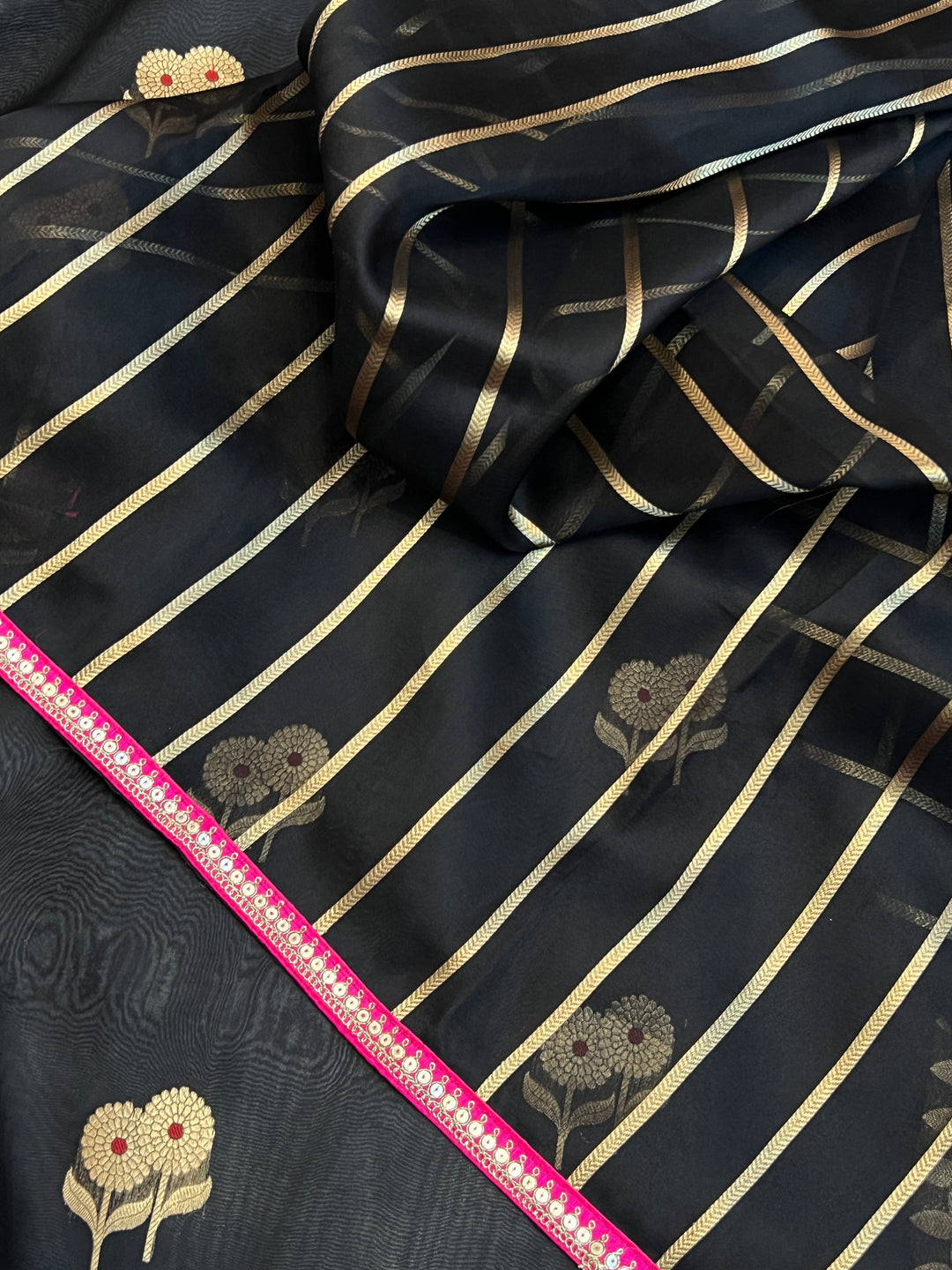 Black Pure Kora Silk Handloom Banarasi Saree